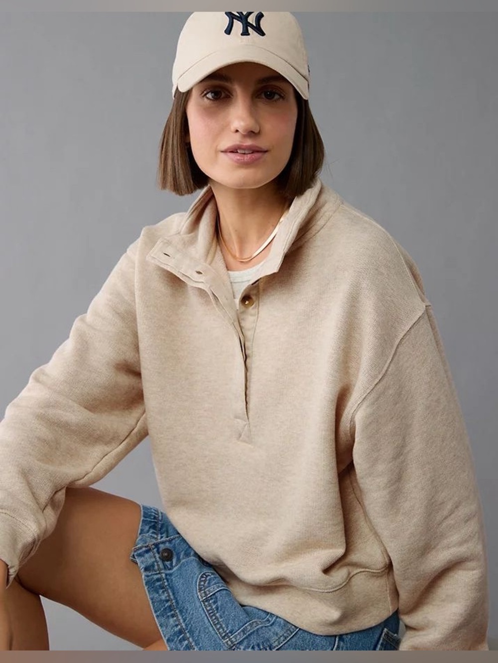 American Eagle Super Soft Cropped Boxy Henley Fleece Sweatshirt In Beige Medium
